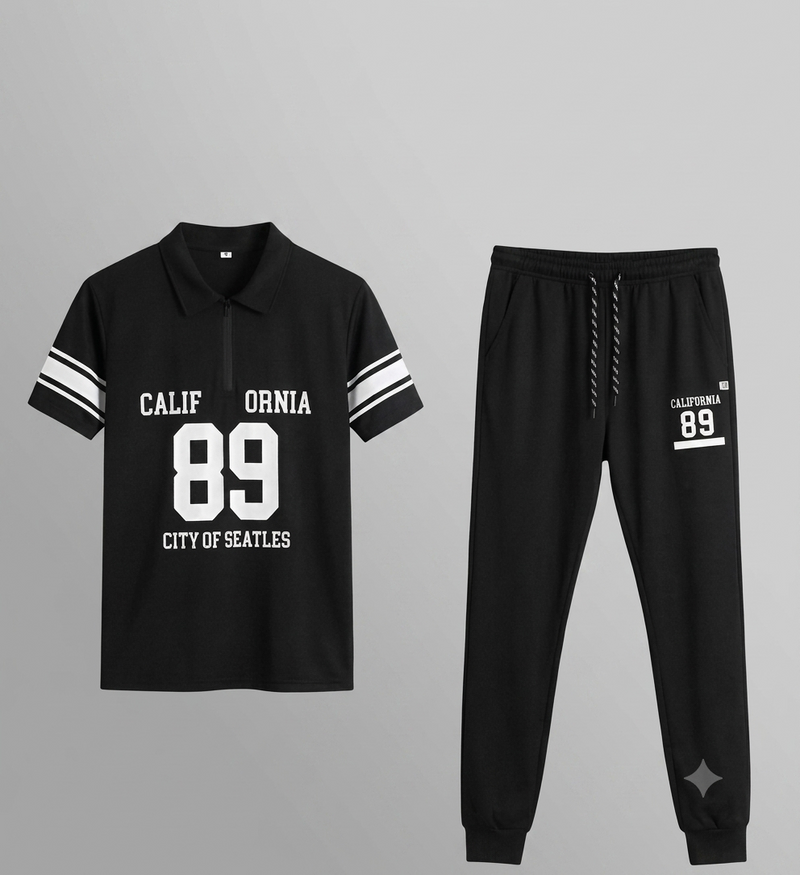 Men's Polo Tracksuit - Black Striped (89 Print)