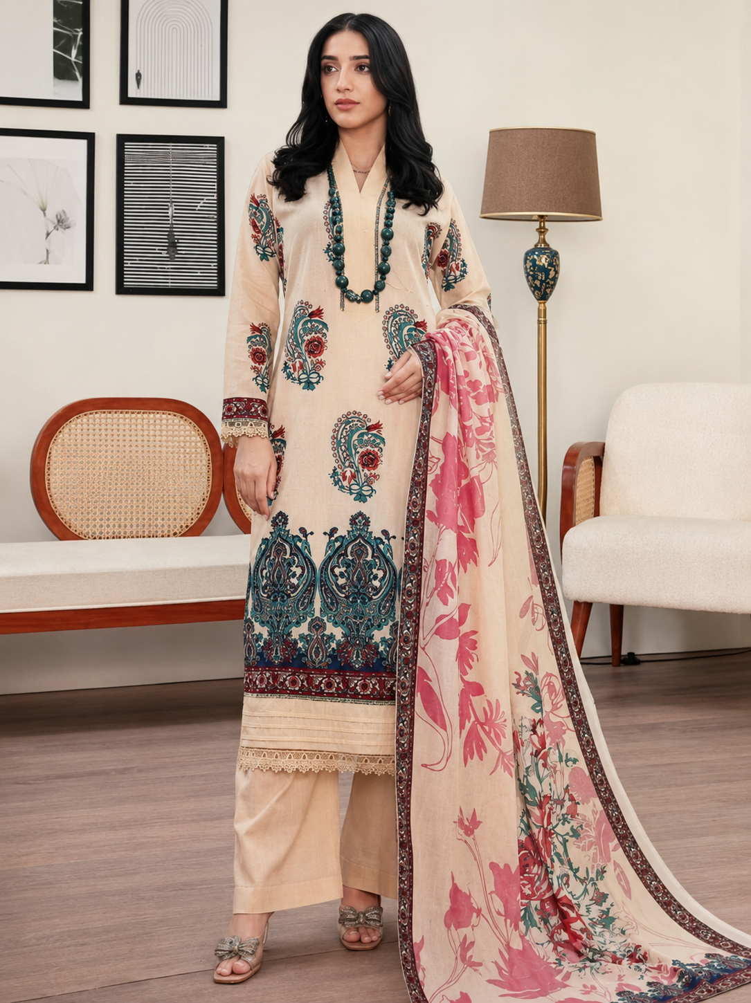 Cream Paisley Embroidered Lawn Suit with Floral Dupatta