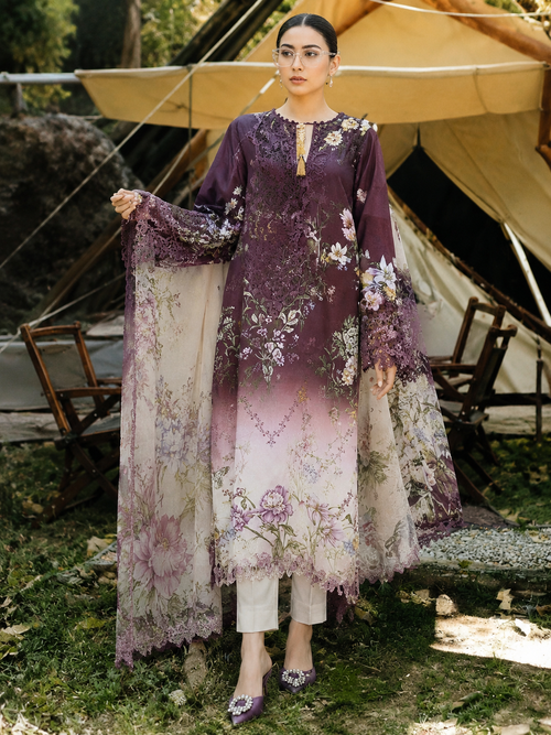 Purple Floral Ombre Lawn Suit with Lace Dupatta