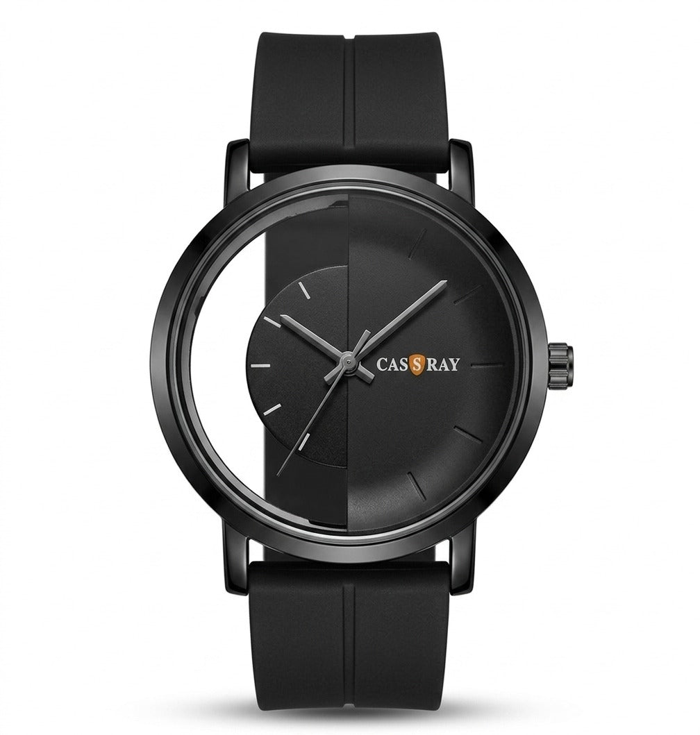 Black wristwatch with a visible brand logo