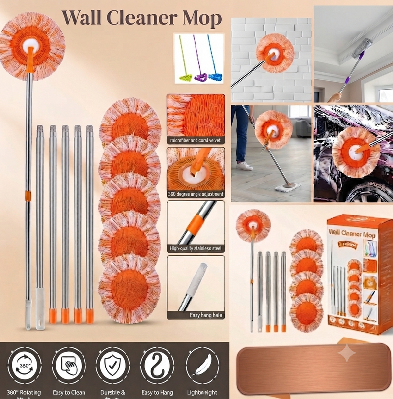 360° Rotating Wall Cleaner Mop with 5 Microfiber Heads - Extendable Cleaning Mop