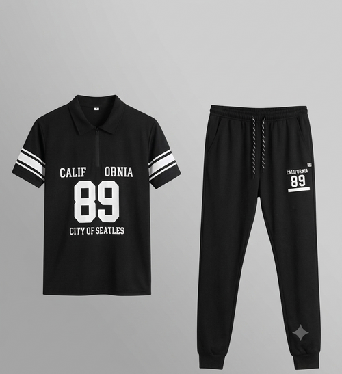 Men's Polo Tracksuit - Black Striped (89 Print)