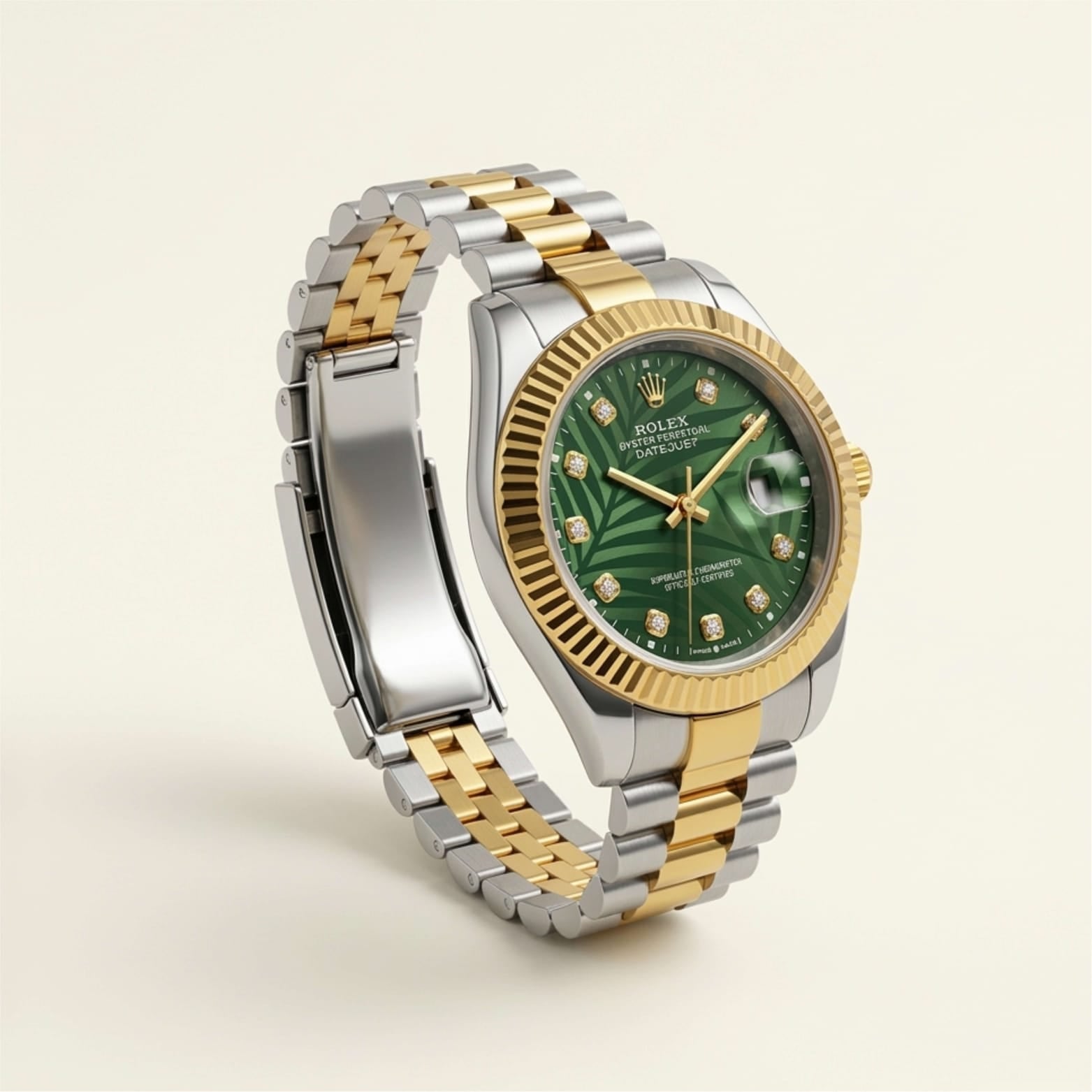 Two-tone silver and gold watch with a green dial