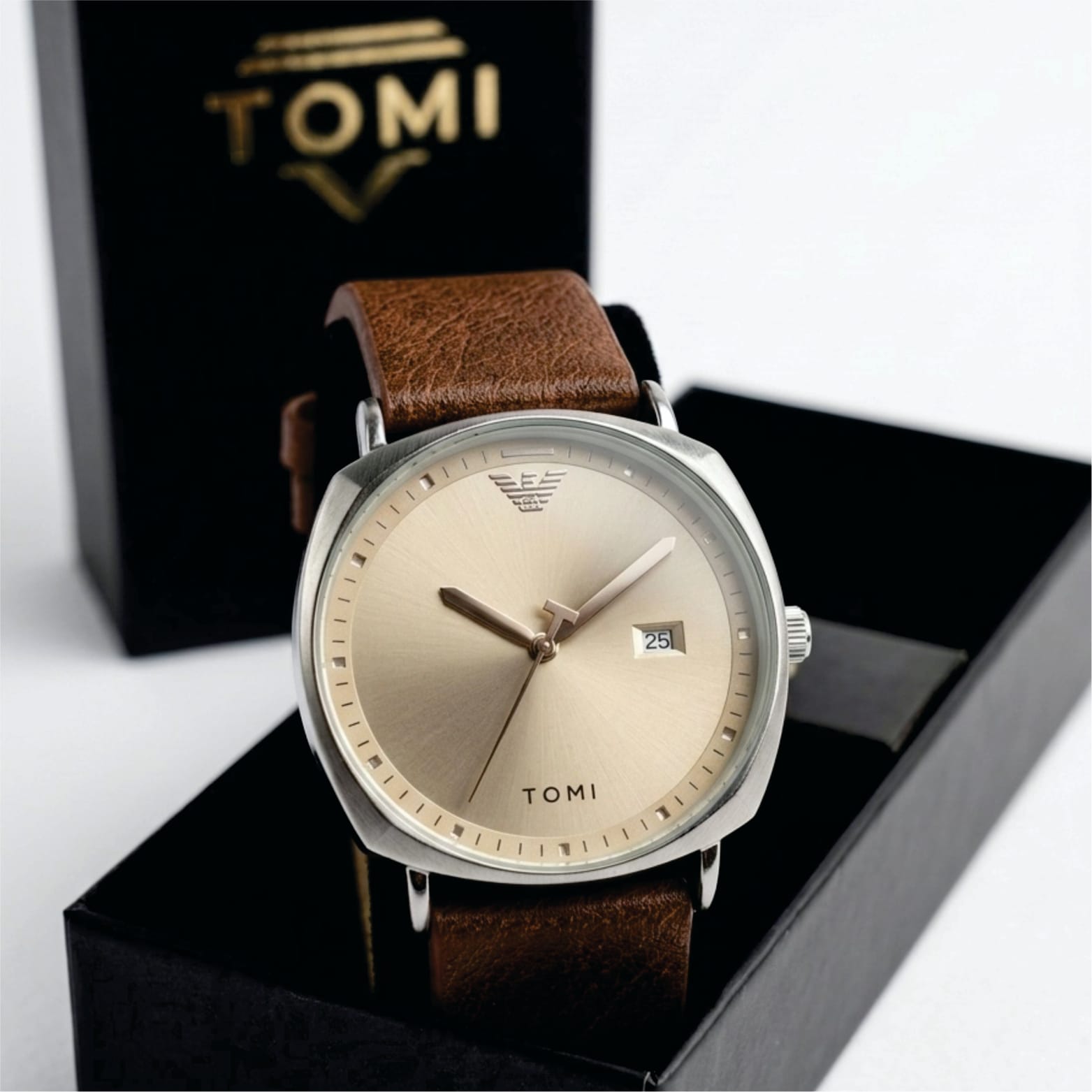 Watch with brown leather strap and gold face