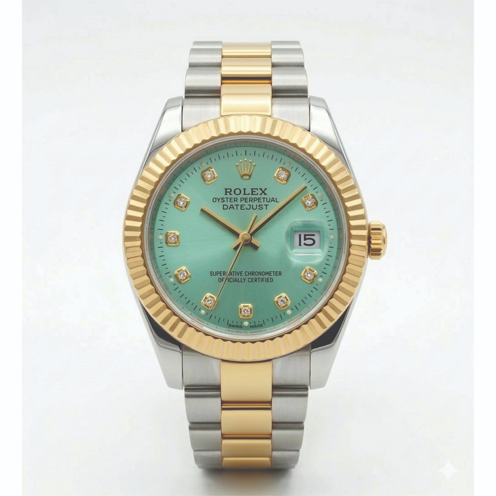 Luxury watch with green face and gold and silver band