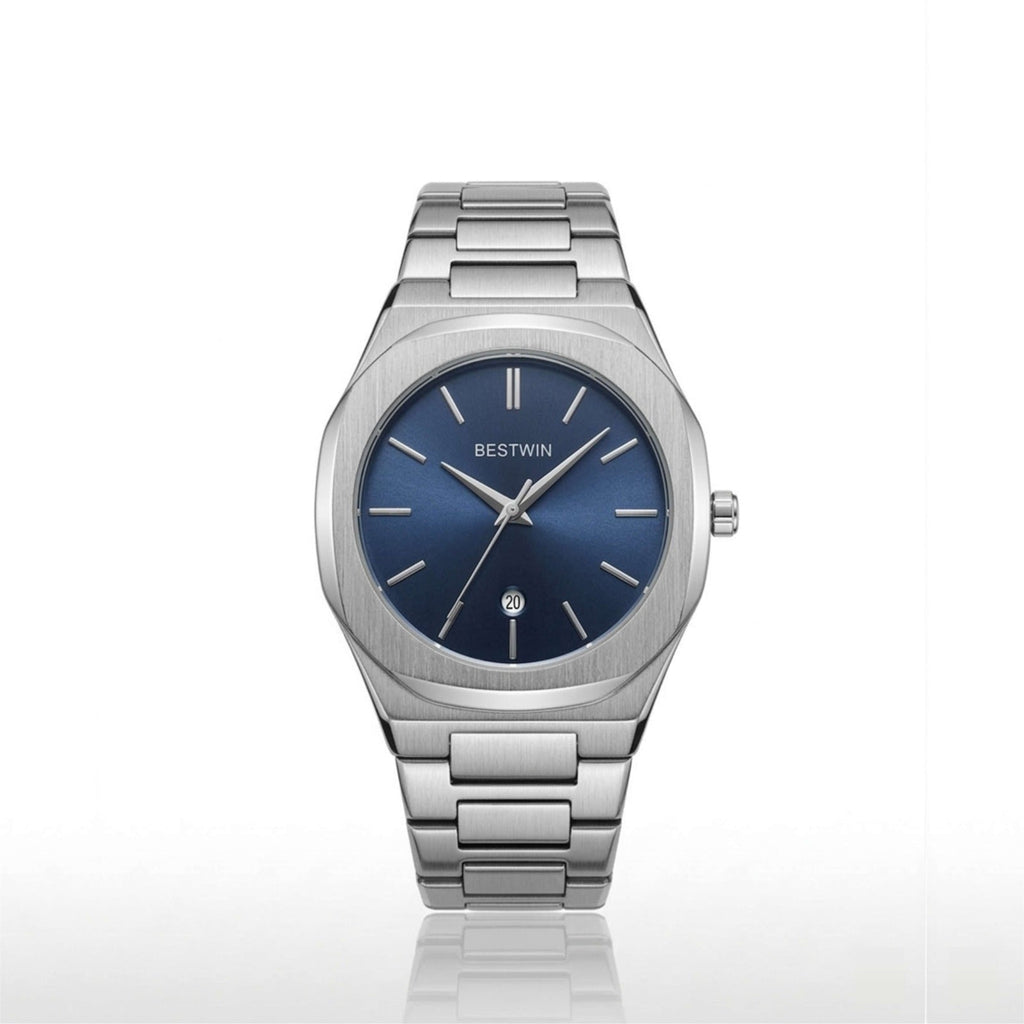 Silver watch with a blue dial