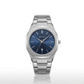 Silver watch with a blue dial