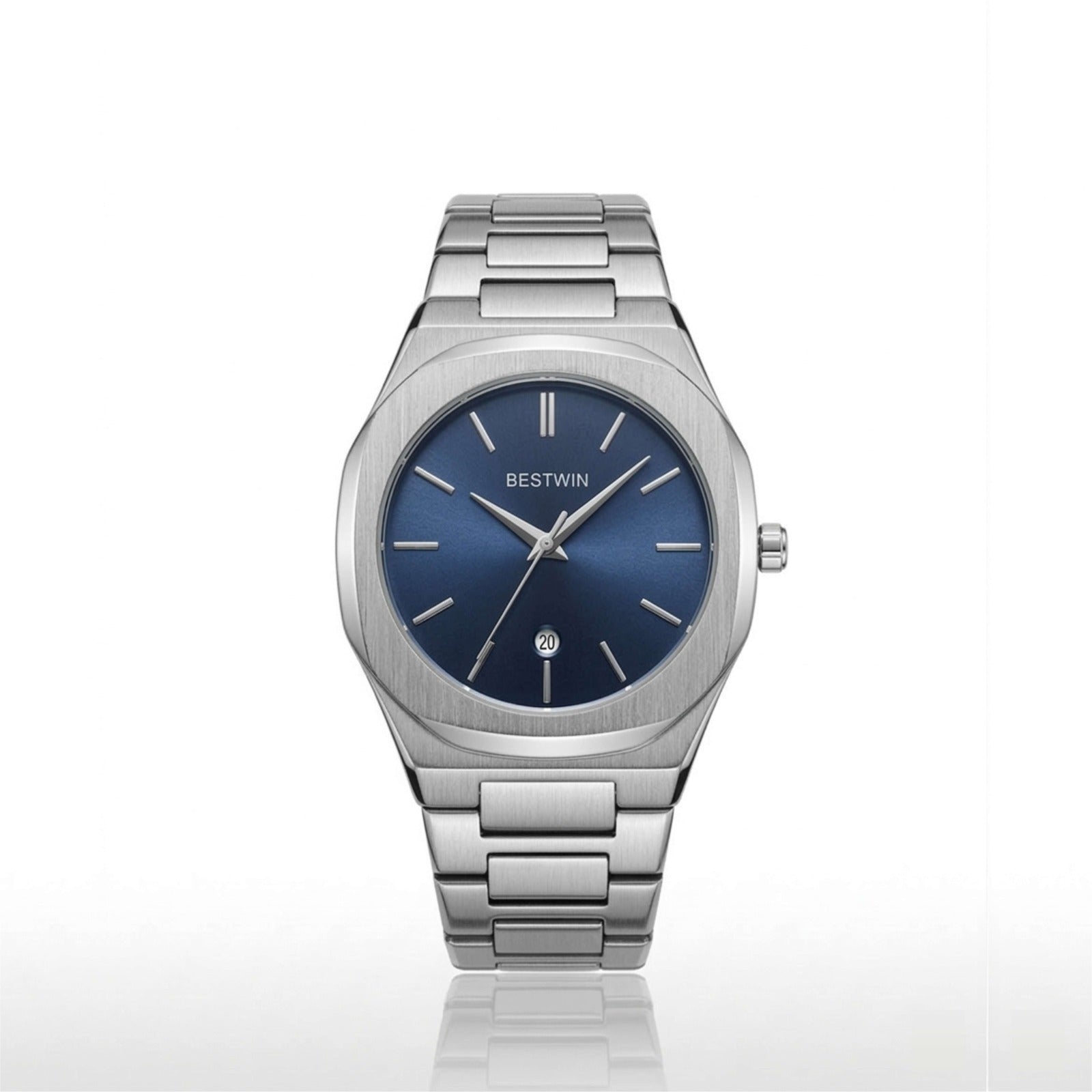 Silver watch with a blue dial