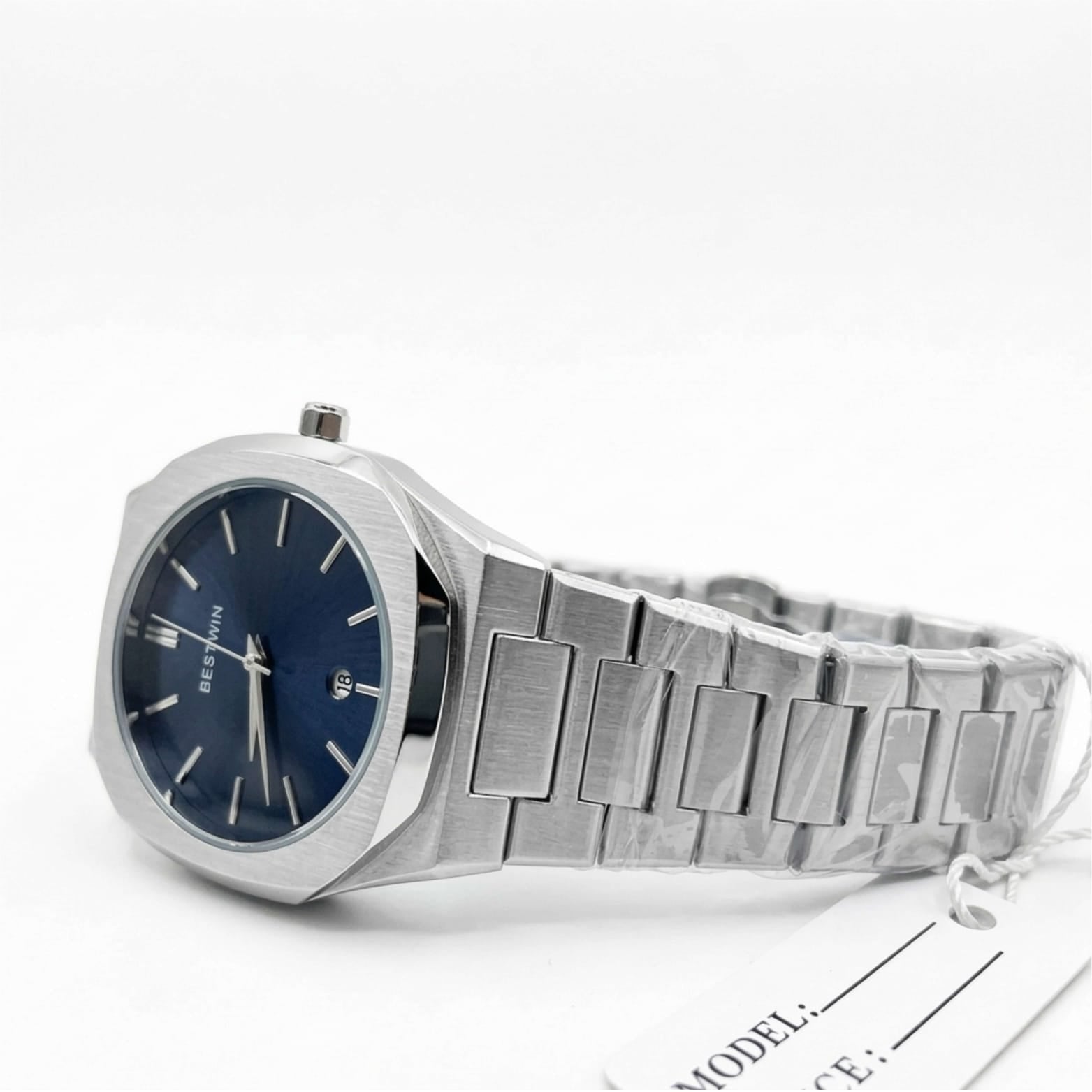 Silver watch with blue face