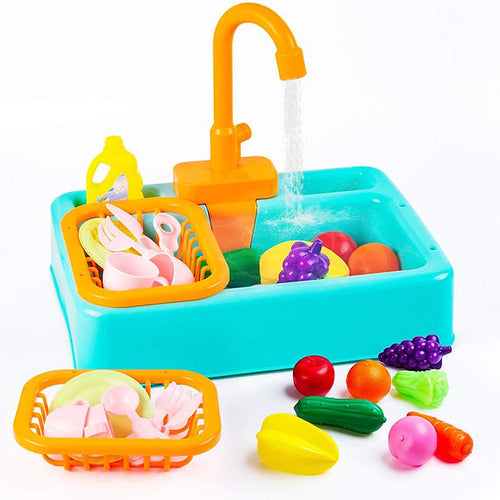Kitchen Sink Play Set for Kids with Running Water Faucet & Fruit Cutting Toy