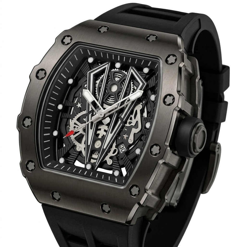 Black skeleton watch