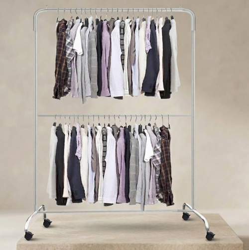 Double Rail Rolling Garment Rack – Heavy Duty Clothes Hanger Stand on Wheels