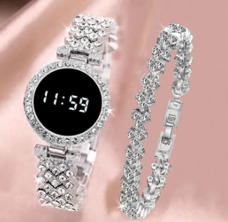 Rhinestone Digital Watch & Bracelet Set – Women's Sparkly LED Watch Gift Set